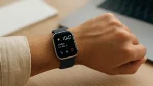 Ręka z nowoczesnym smartwatchem, ekran z widoczną pogodą lub pulsem, jasne wnętrze, codzienne warunki