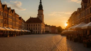 Malowniczy rynek w małym polskim mieście o zachodzie słońca – kawiarnie, kamienice, spokojna atmosfera